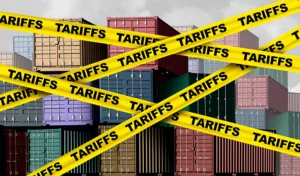 How tariffs can affect your shipping costs shipping containers with yellow and black crossed 'TARIFFS'tape