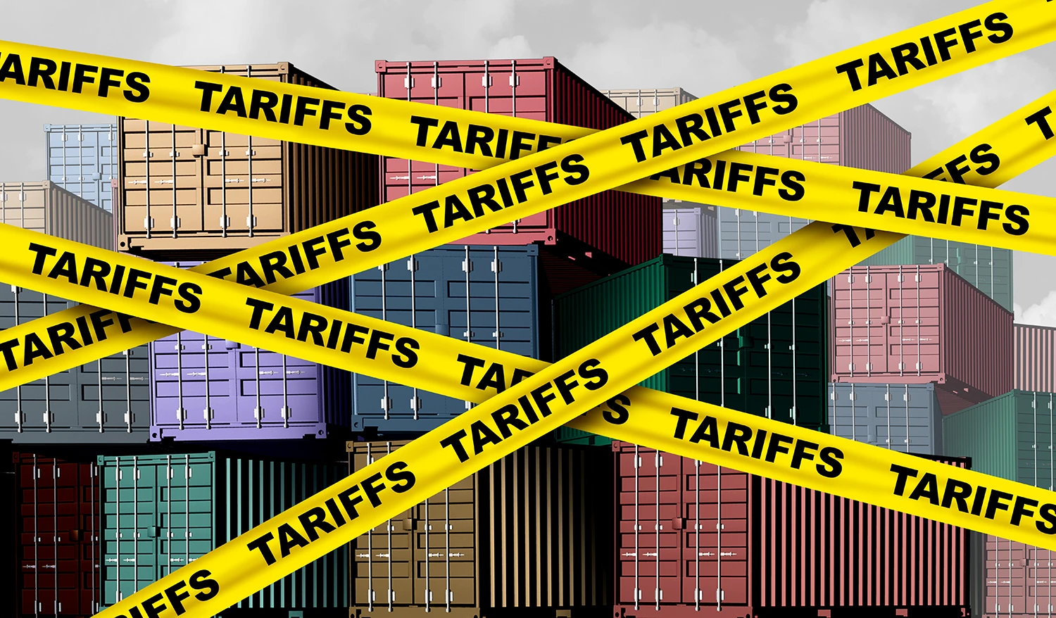 How tariffs can affect your shipping costs shipping containers with yellow and black crossed 'TARIFFS'tape