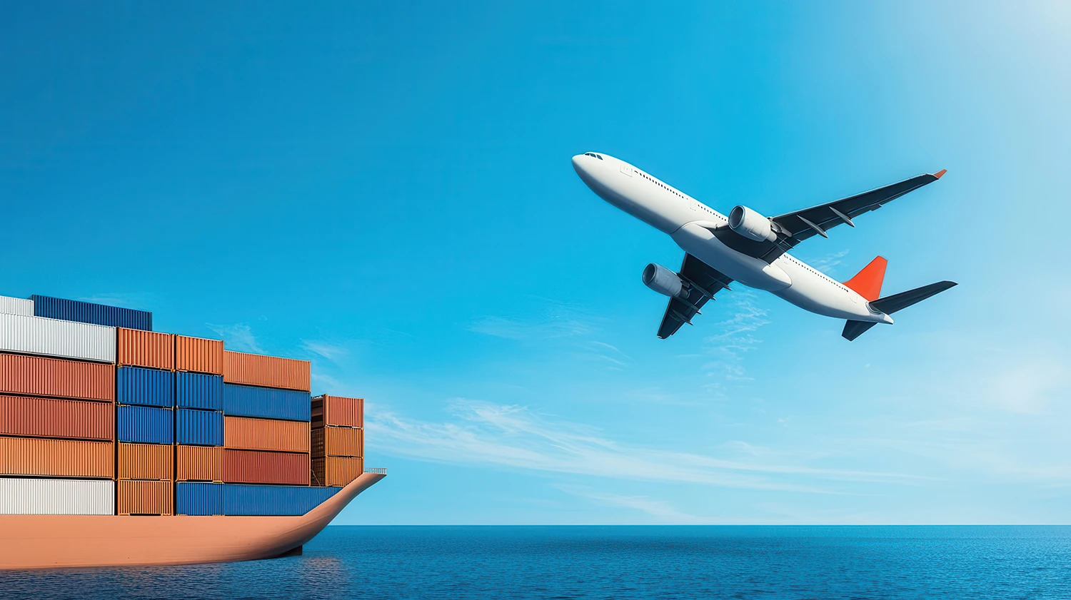 Cargo Airplane flying over a freight ship carrying shipping containers